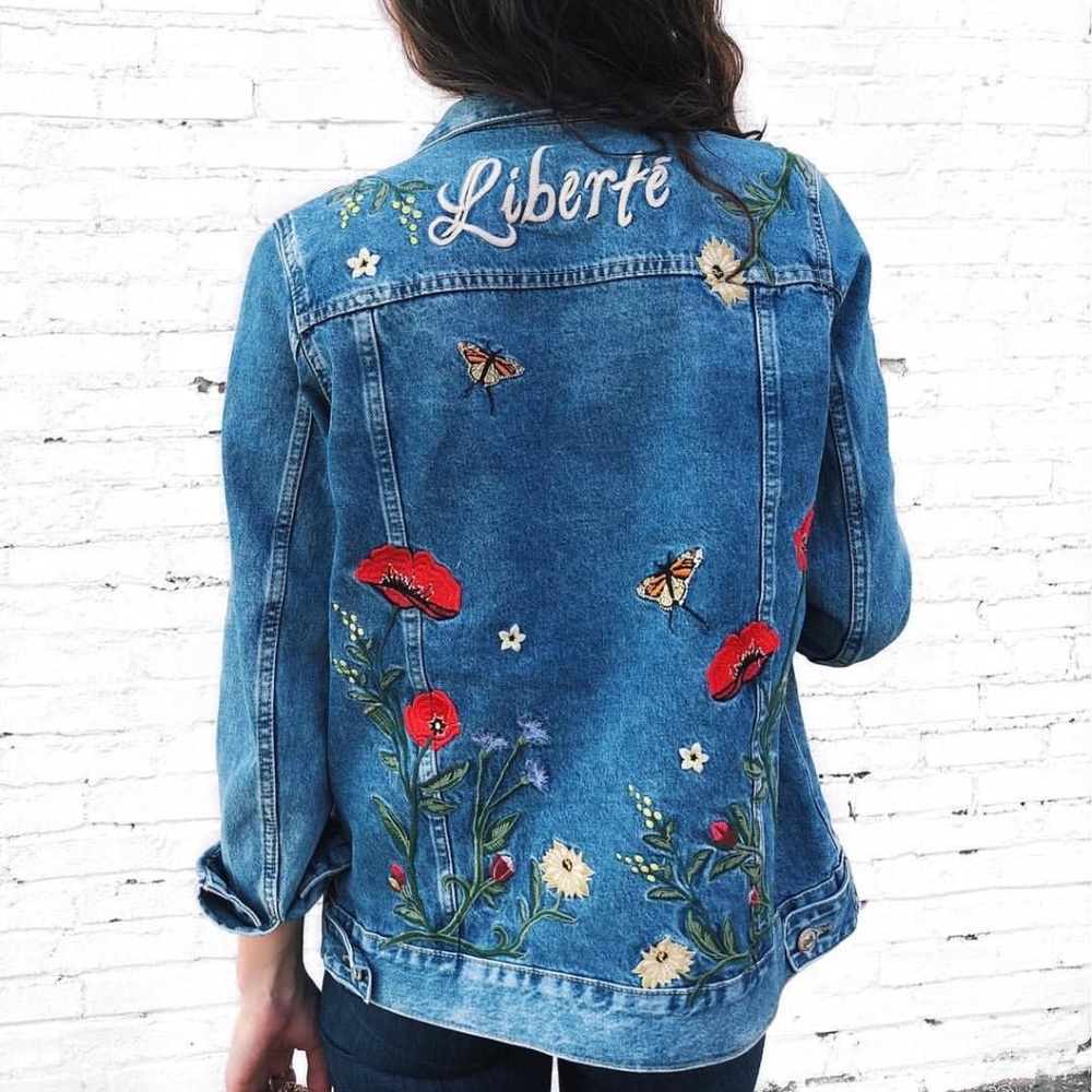 H&M Blue Denim Jean Jacket with Red Floral Embroidery